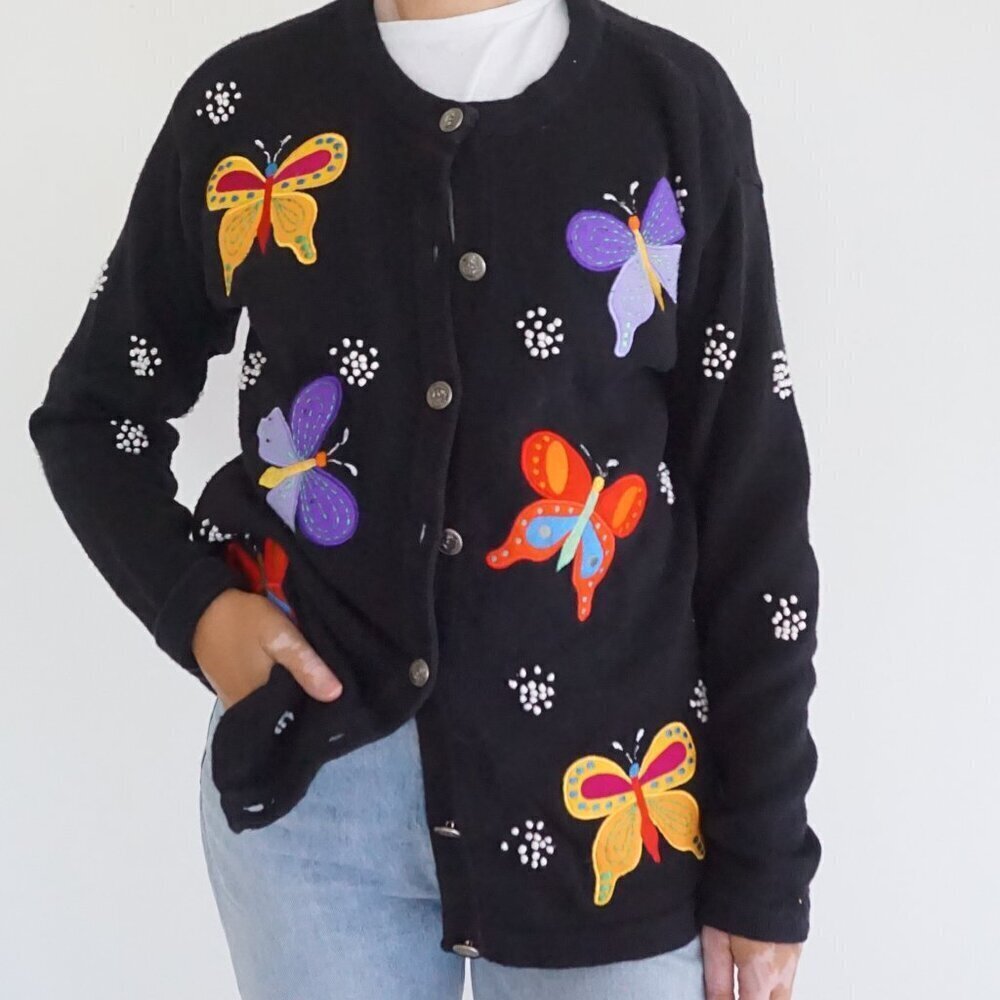 Vintage Quacker Factory Black Butterfly Embroidered Cotton Blend Cardigan S